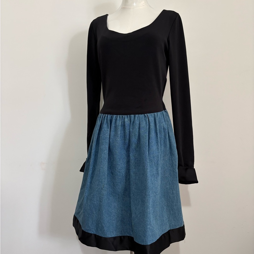 Vintage, A.B.S., Black & Blue Scoop Neck Poly/Denim Dress, Size 10